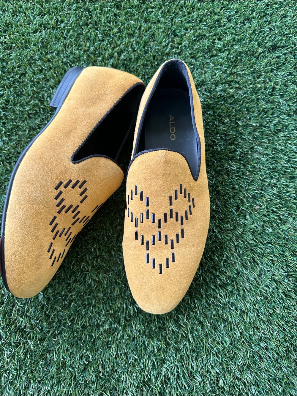 ALDO Men's Mustard Suede Slip-On Loafers with Laser-Cut Pattern